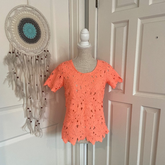Japan Handmade Neon Orange Lace Blouse with Back Zipper & Short Sleeves – Size S - Picture 1 of 11